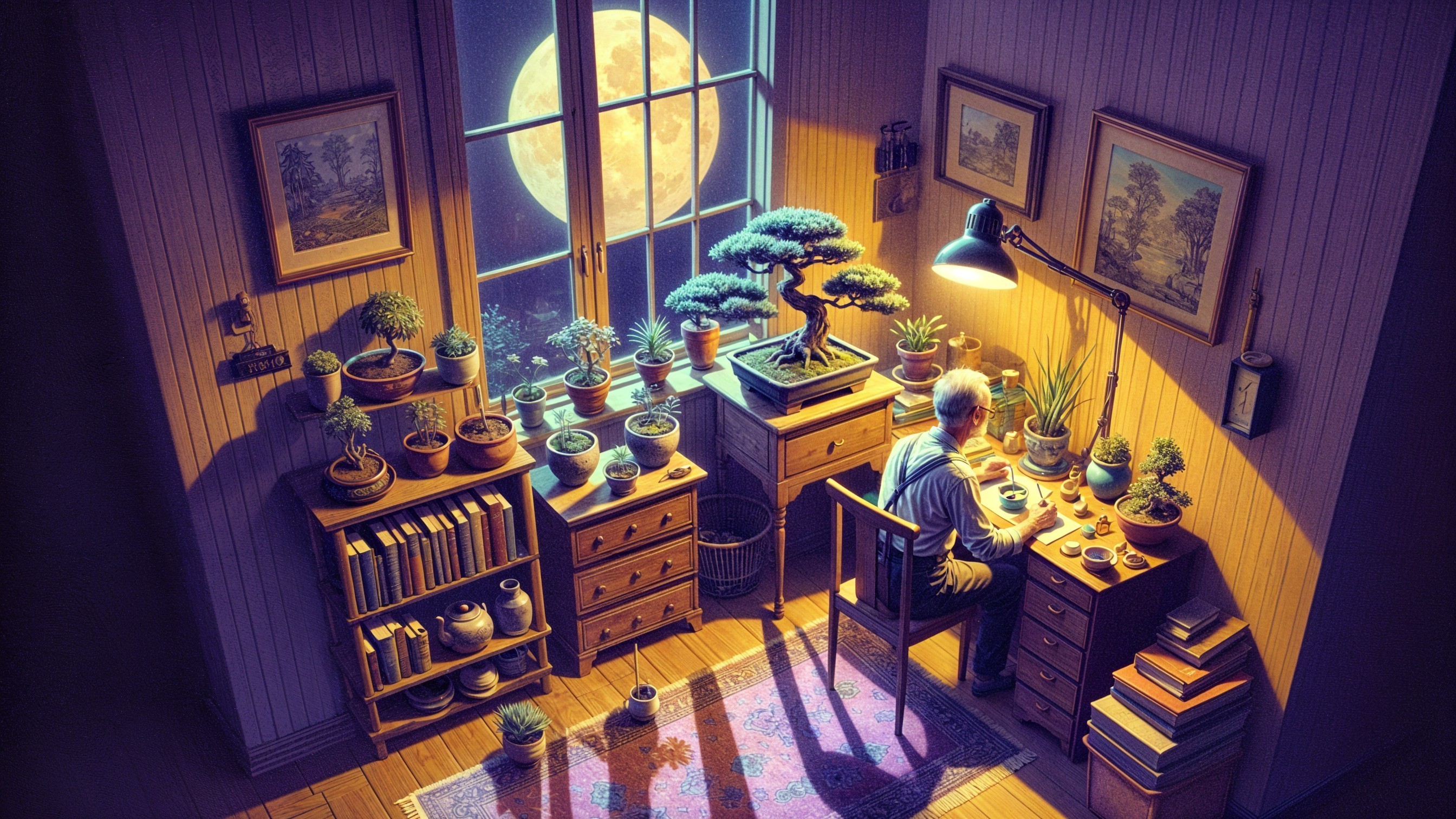 Elderly Man Tending Bonsai in Cozy Dimly Lit Room