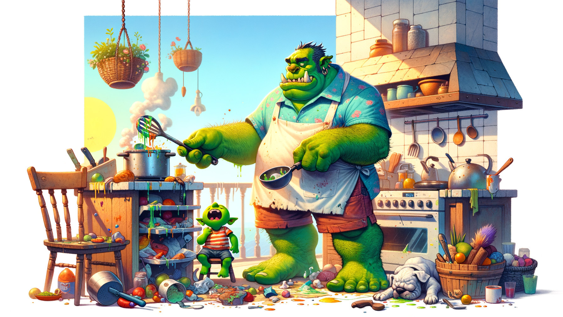 Large green ogre cooking in a chaotic kitchen scene