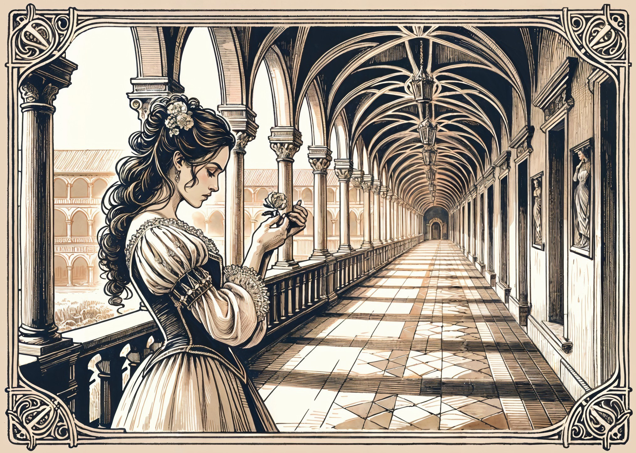 Elegant Woman in Grand Arched Corridor with Flower
