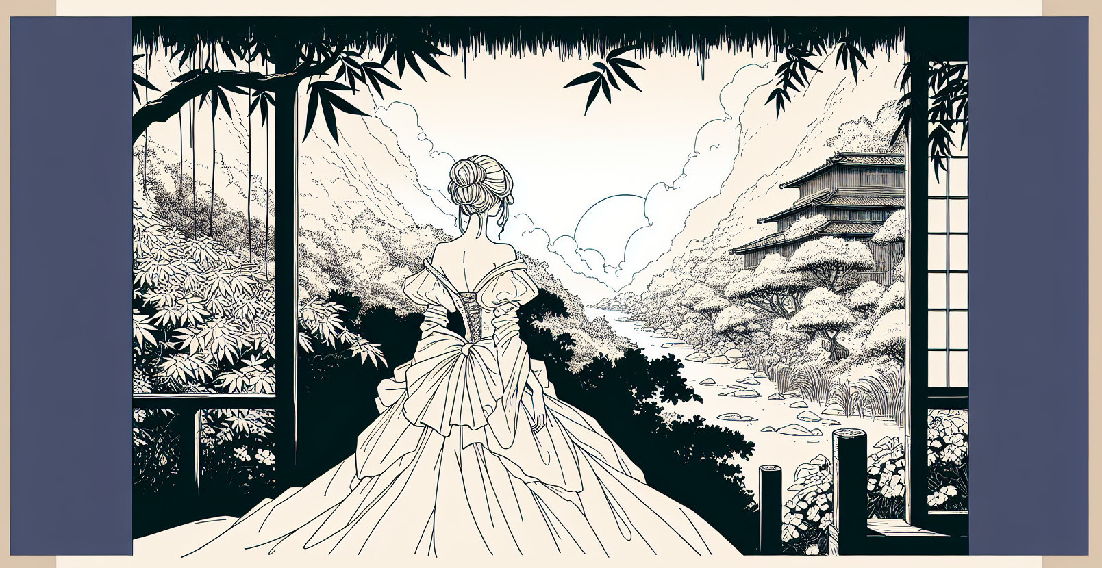 Woman in Classic Gown by Tranquil River Landscape