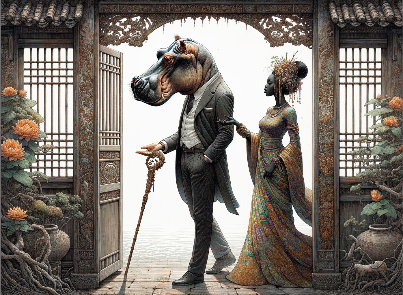Surreal Scene of Man with Hippopotamus Head and Woman