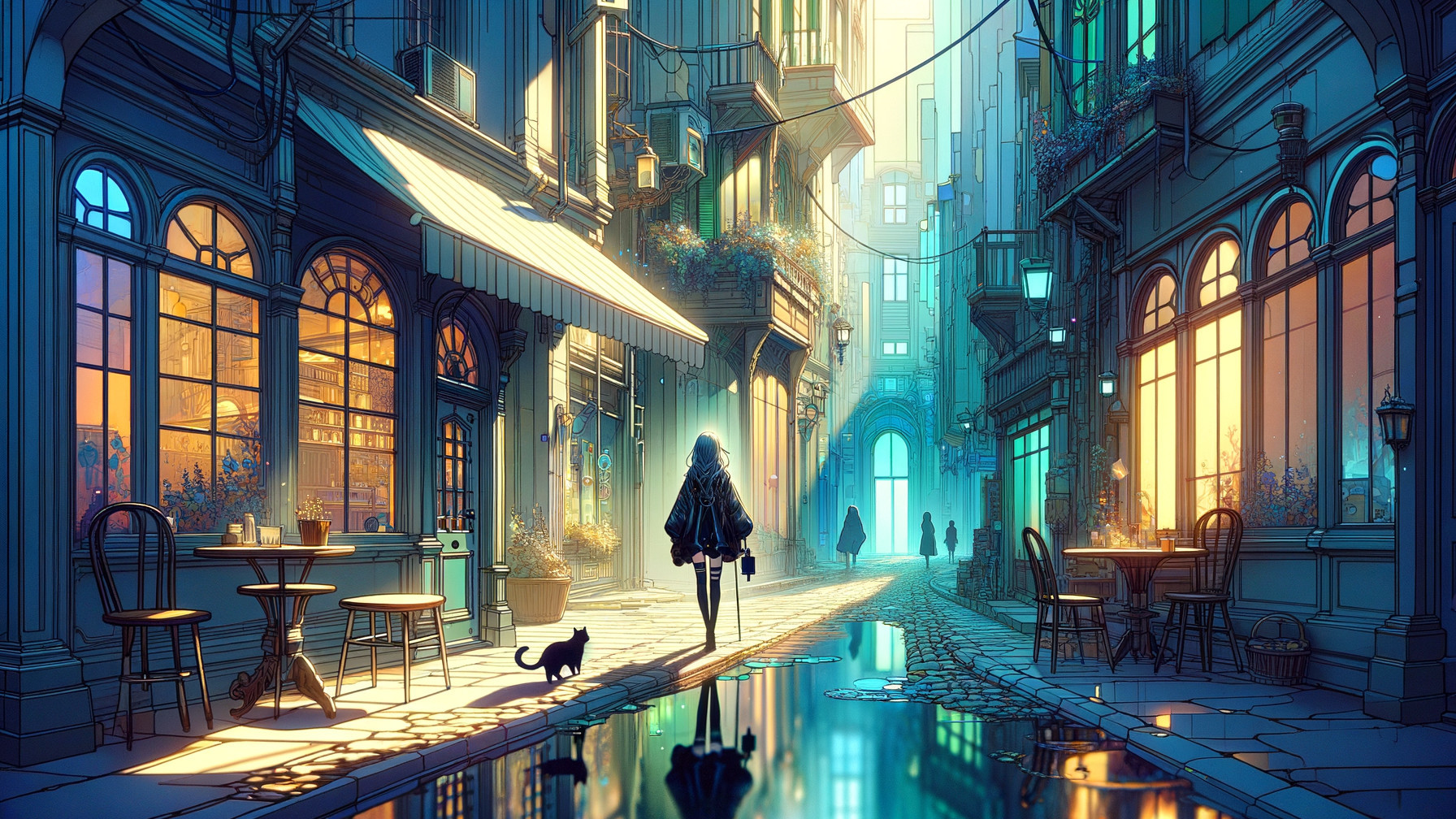 Serene Alleyway with Pastel Hues and Charming Shops