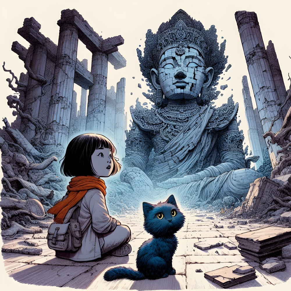 Young girl and blue cat by ancient deity statue