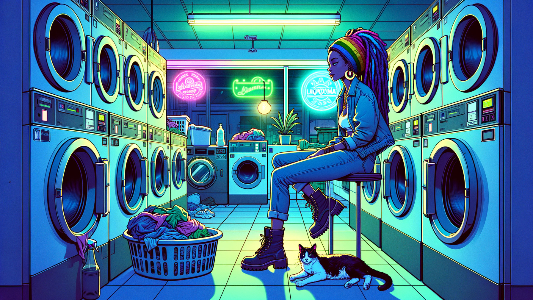 Vibrant Laundromat Scene with Colorful Braided Hair