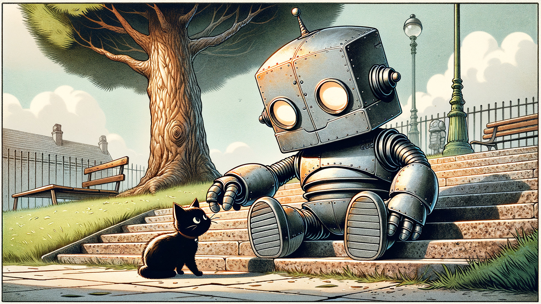 Friendly robot and black cat in a park scene