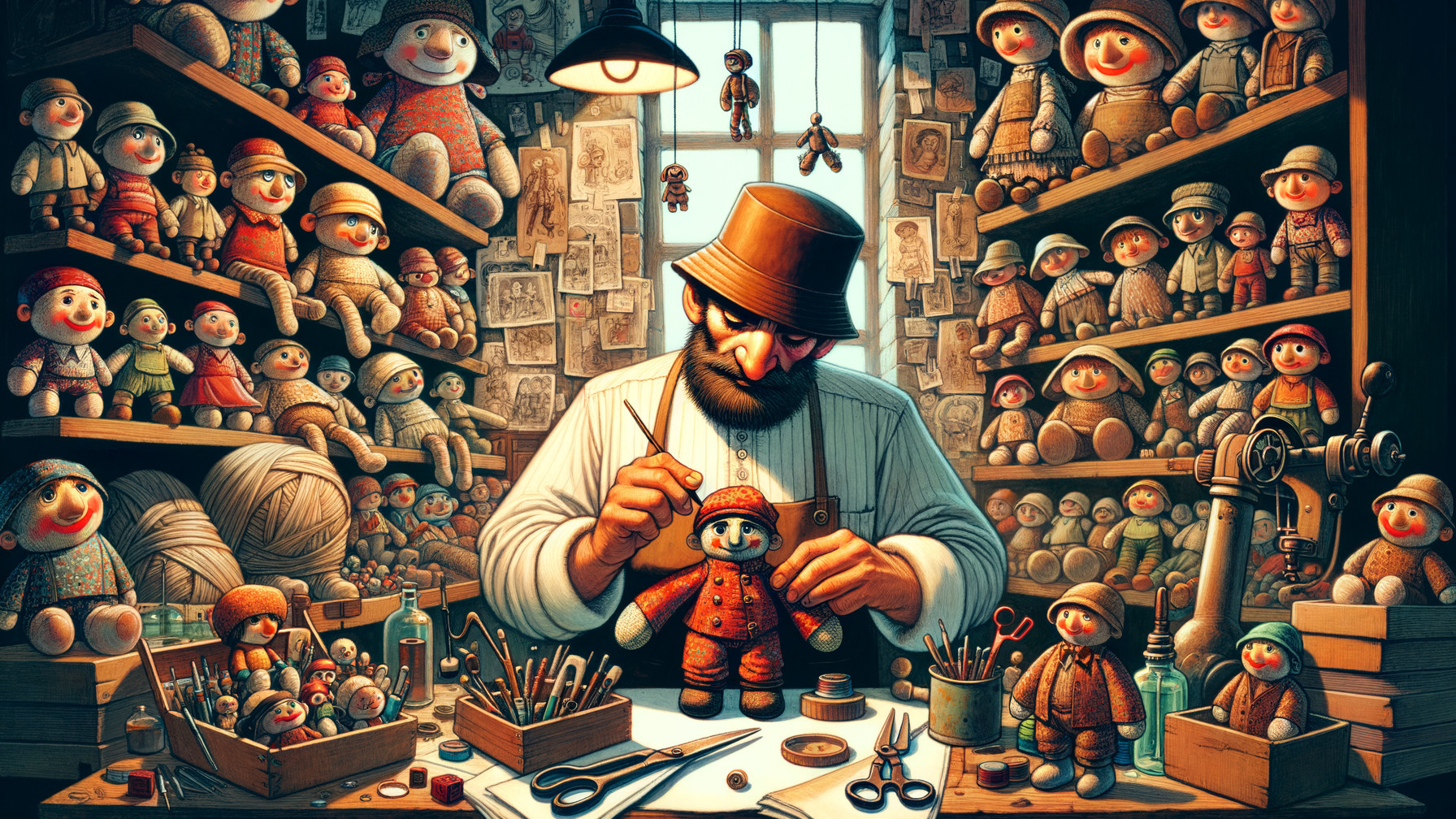Craftsman Creating Handmade Dolls in Cozy Workshop