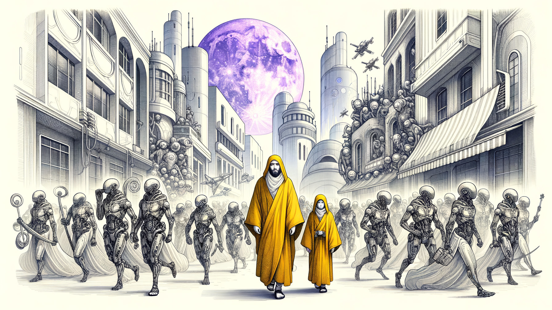 Futuristic Cityscape with Woman, Child, and Robots