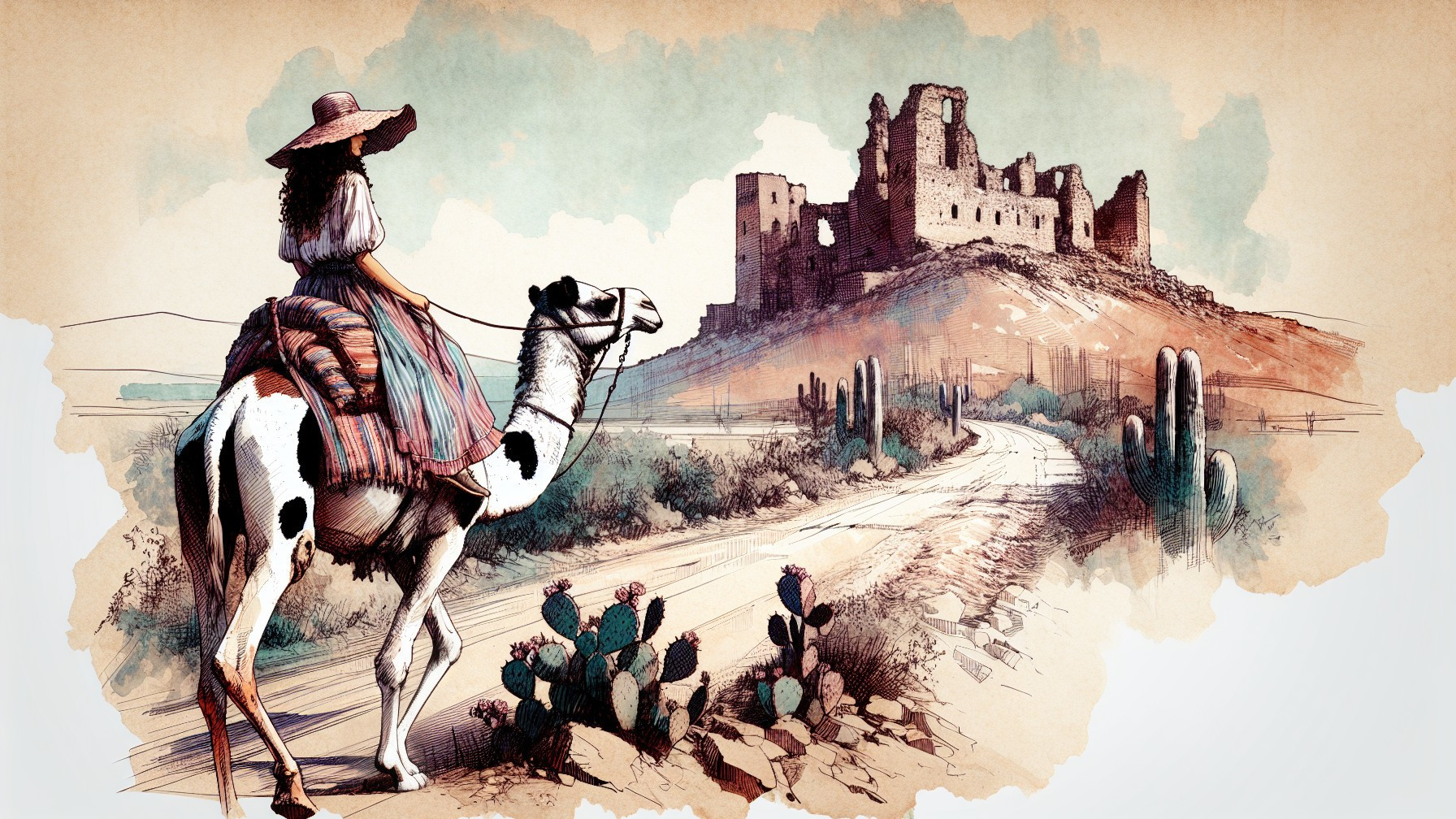 Whimsical Illustration of Camel and Desert Castle Ruins