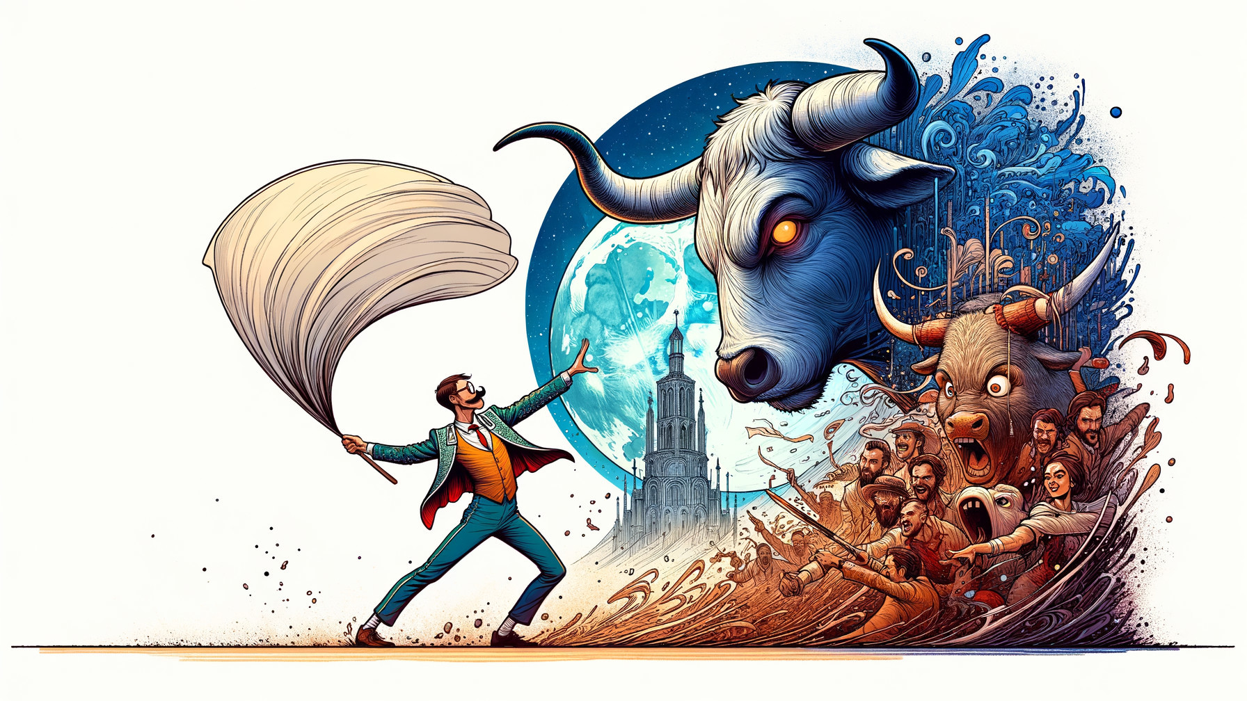 Whimsical Scene of Cotton Candy and Menacing Bull's Head