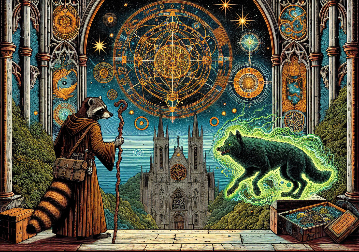 Raccoon in Cloak in Mystical Cathedral Landscape