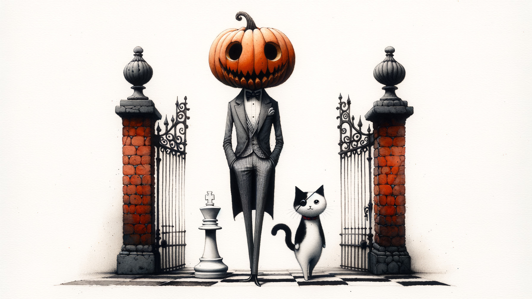 Whimsical Scene with Pumpkin Head and Cat at Entrance