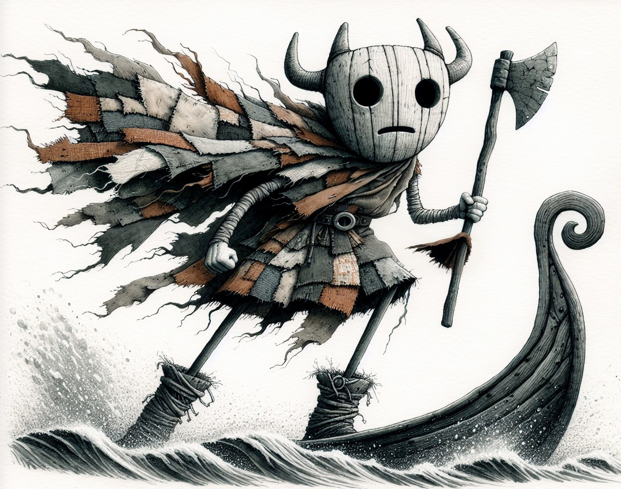 Horned Figure with Axe on Boat in Choppy Waves