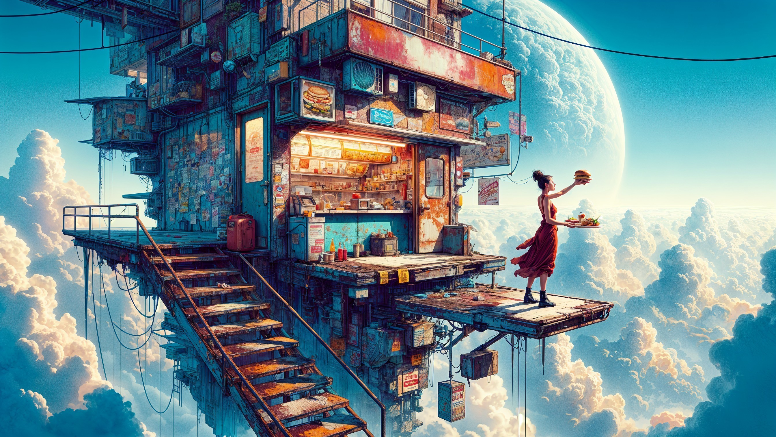 Whimsical Floating Diner Among Clouds with Burgers