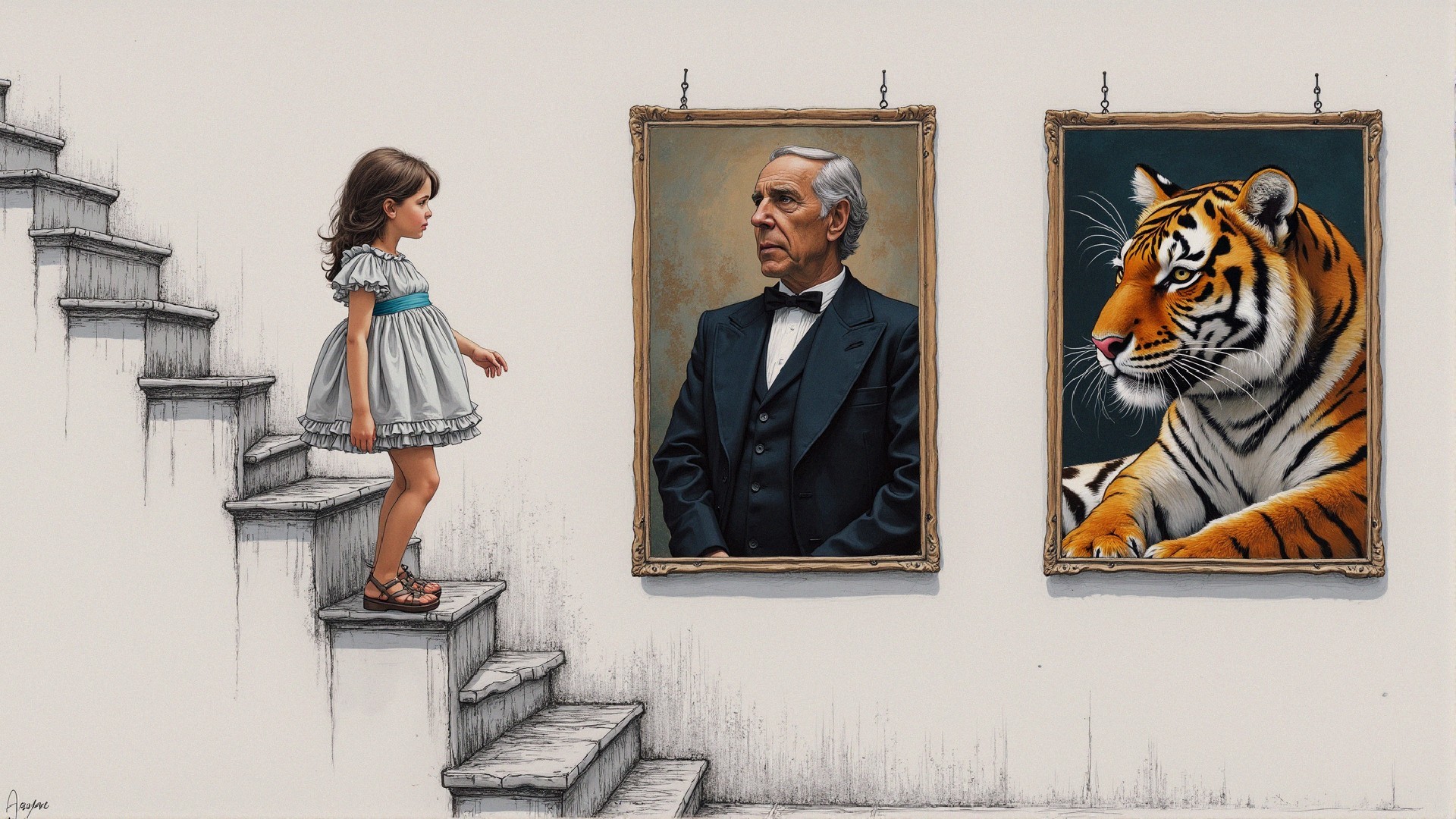Young girl in blue dress observes portraits on staircase