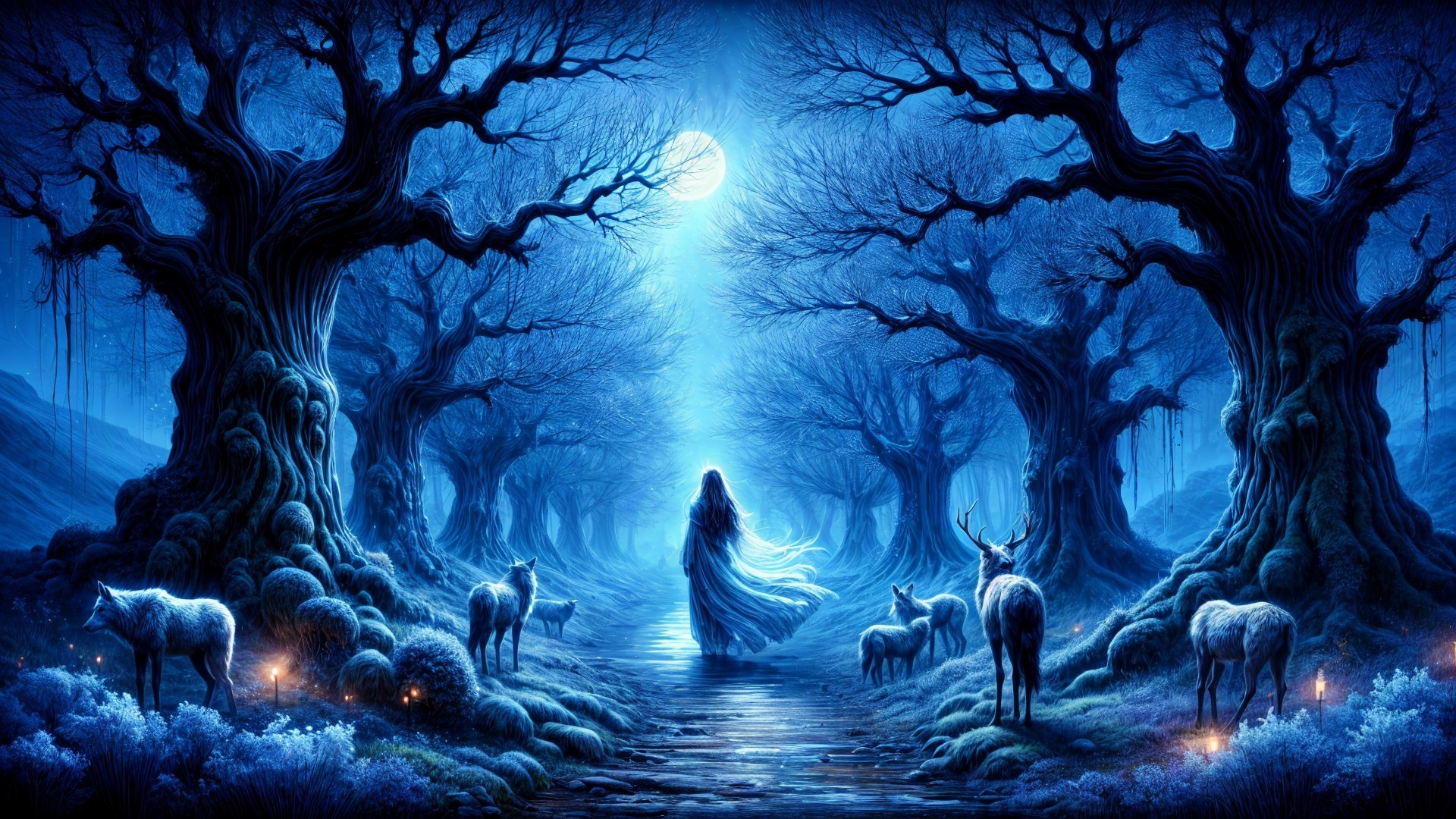 Mystical Forest Scene with Woman and Wildlife