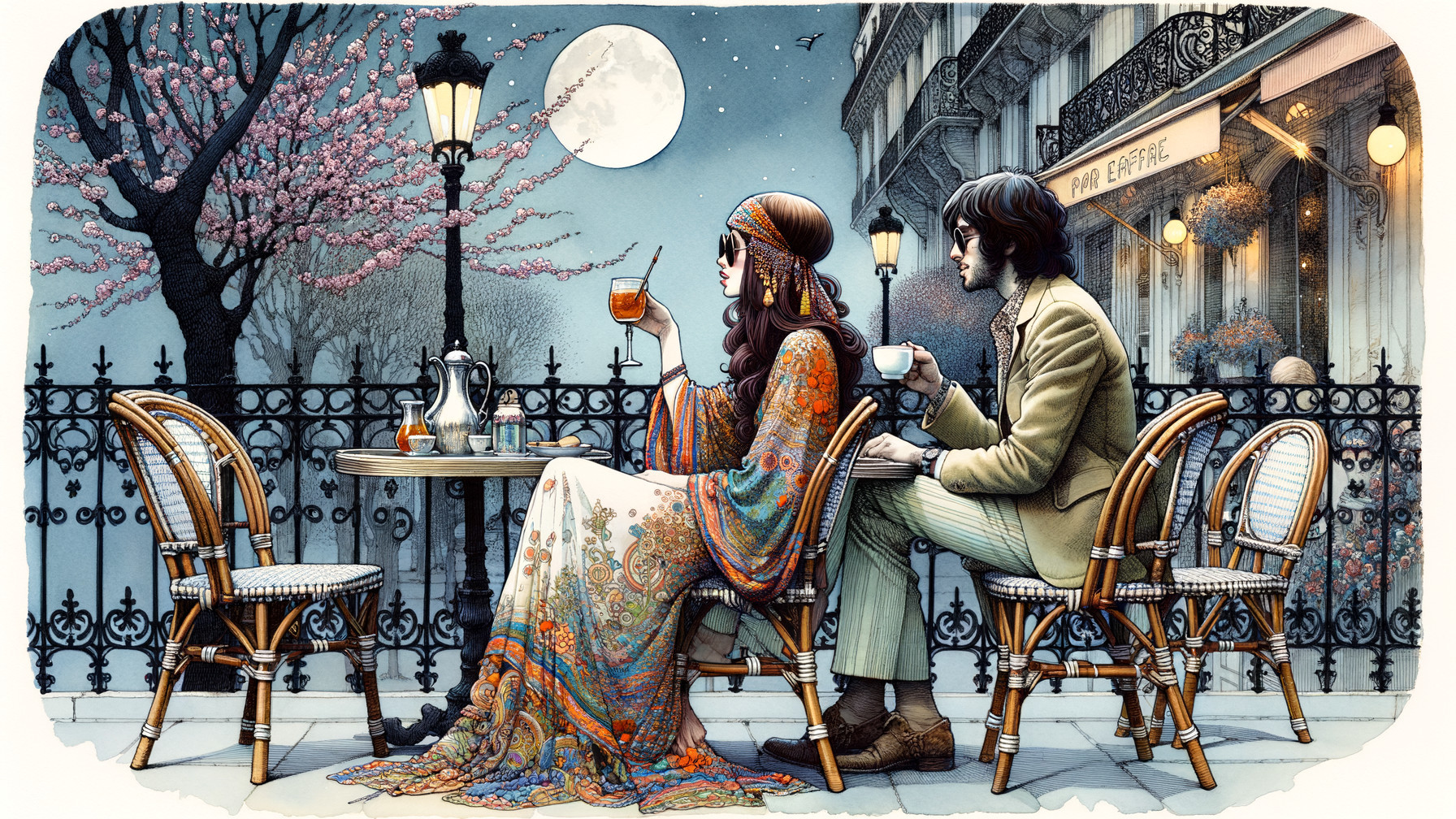 Romantic Parisian Café Scene Under Moonlit Sky