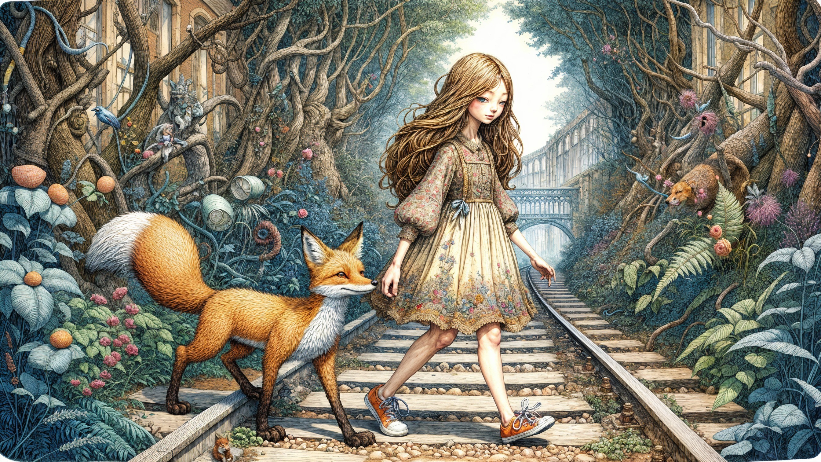 Young girl and fox on a railway track with foliage