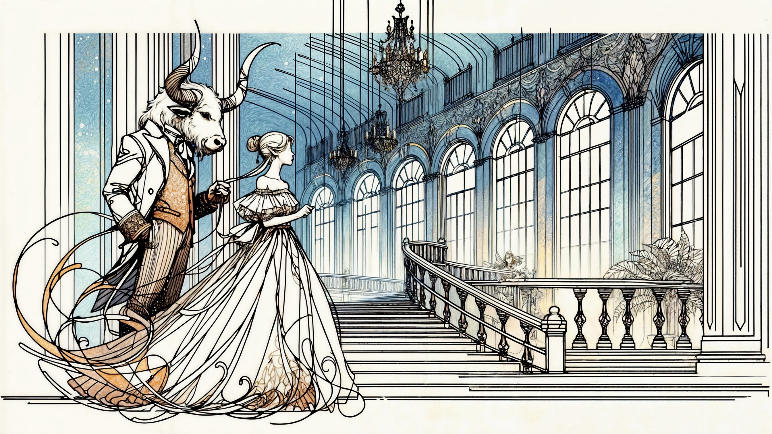 Whimsical Grand Ballroom Scene with Bull and Lady