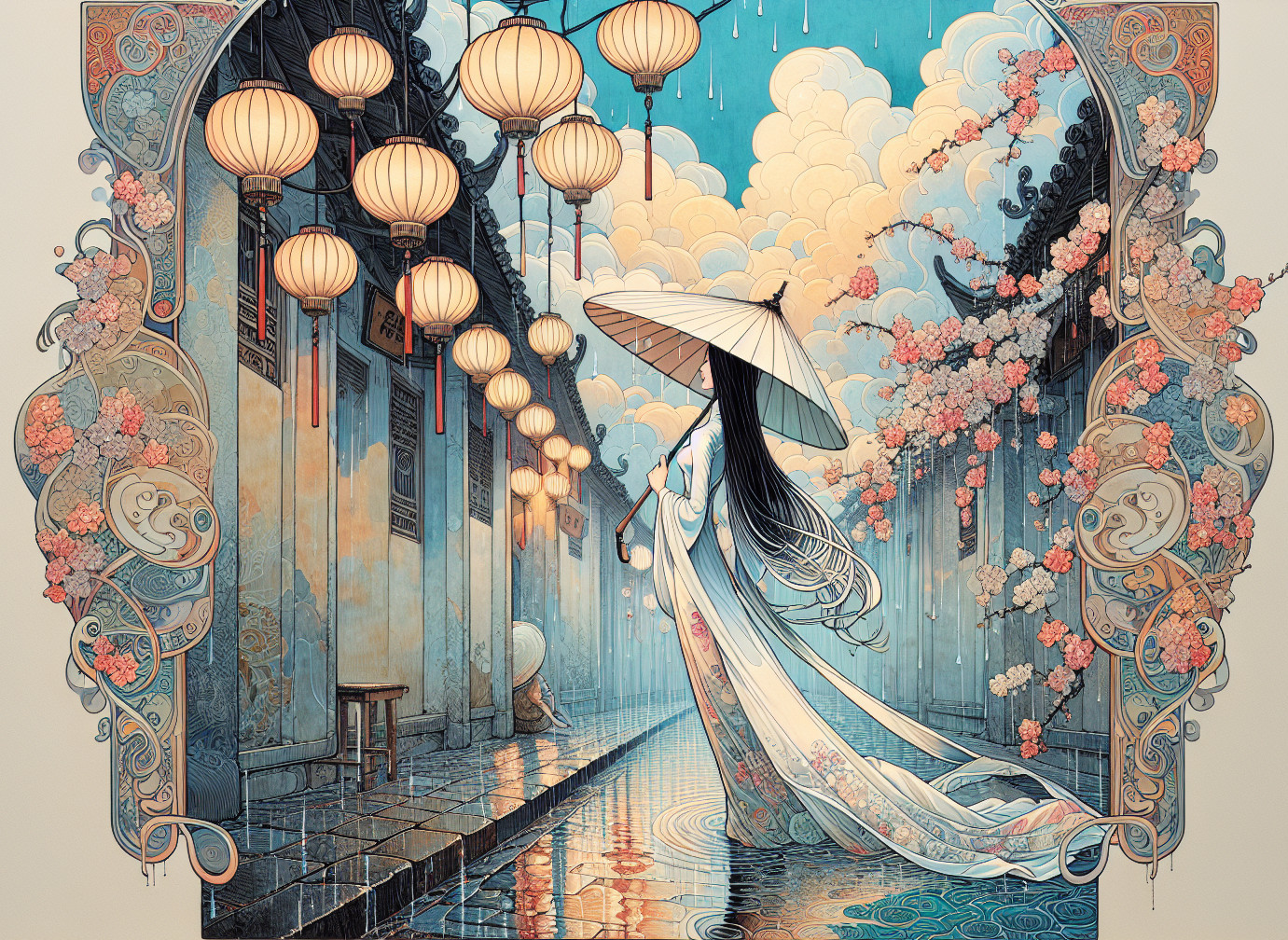 Serene figure in traditional dress on rain-soaked street