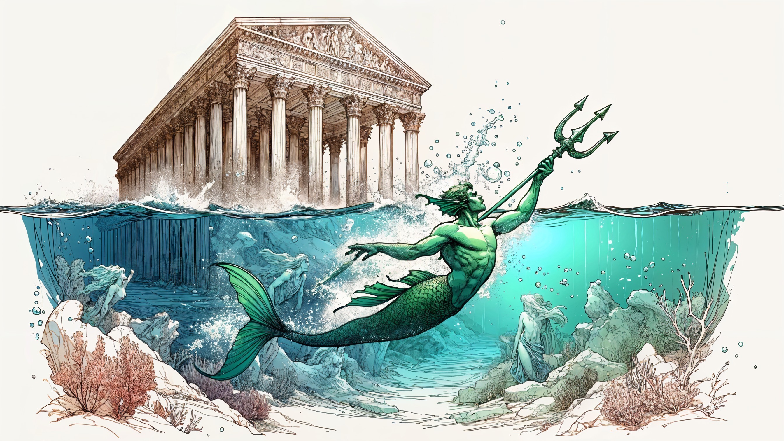 Vibrant Merman in Underwater Temple Scene