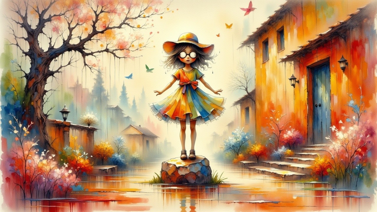 Whimsical Scene of a Girl in Colorful Dress by Waterway