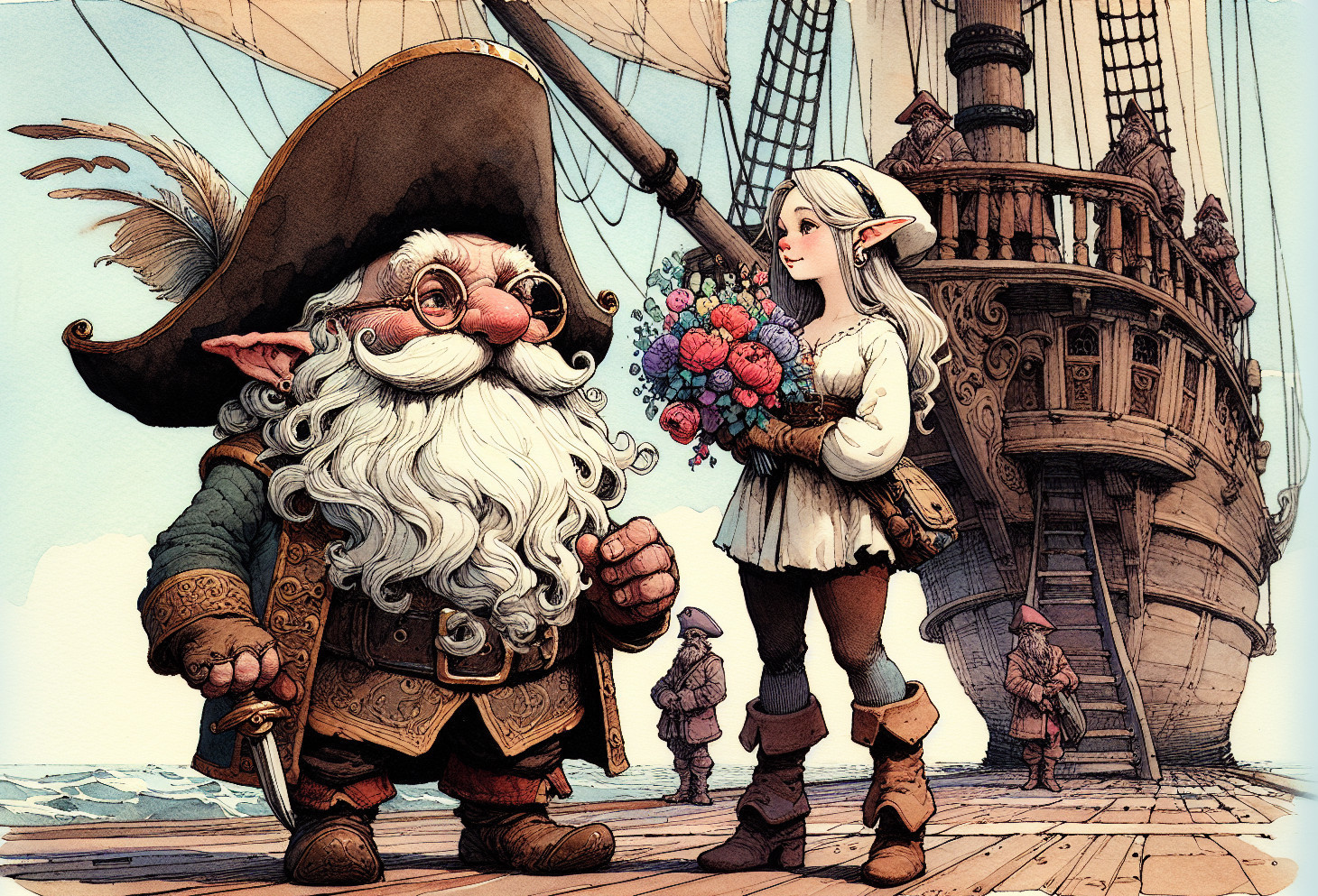 Cheerful Gnome and Elf on Pirate Ship Deck Scene