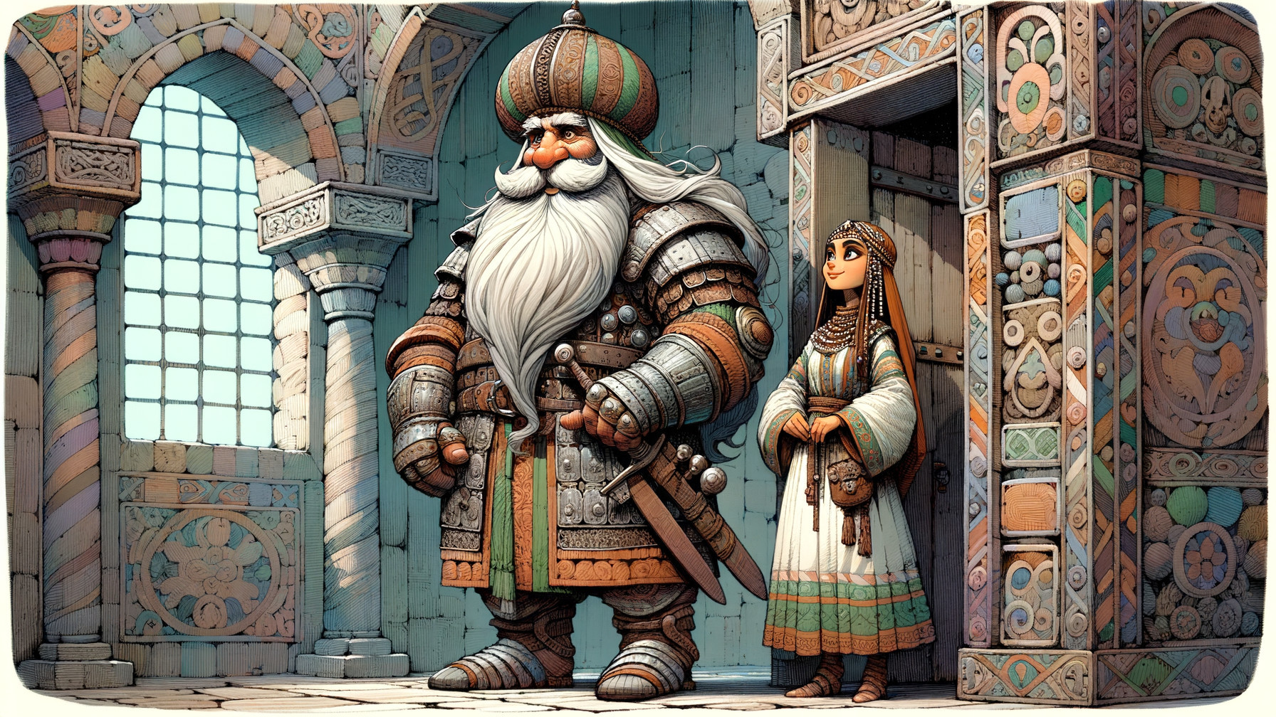 Majestic Warrior and Elegant Woman in Adorned Palace