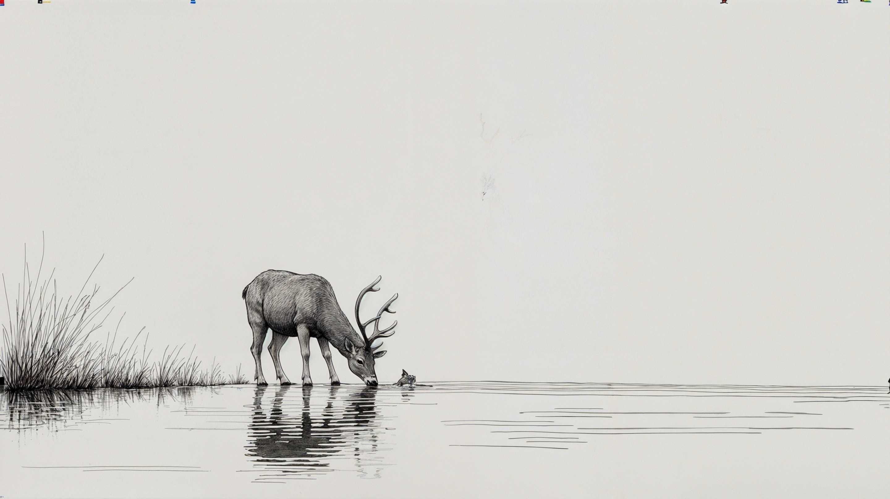 Serene Landscape with Deer Drinking from Water Body