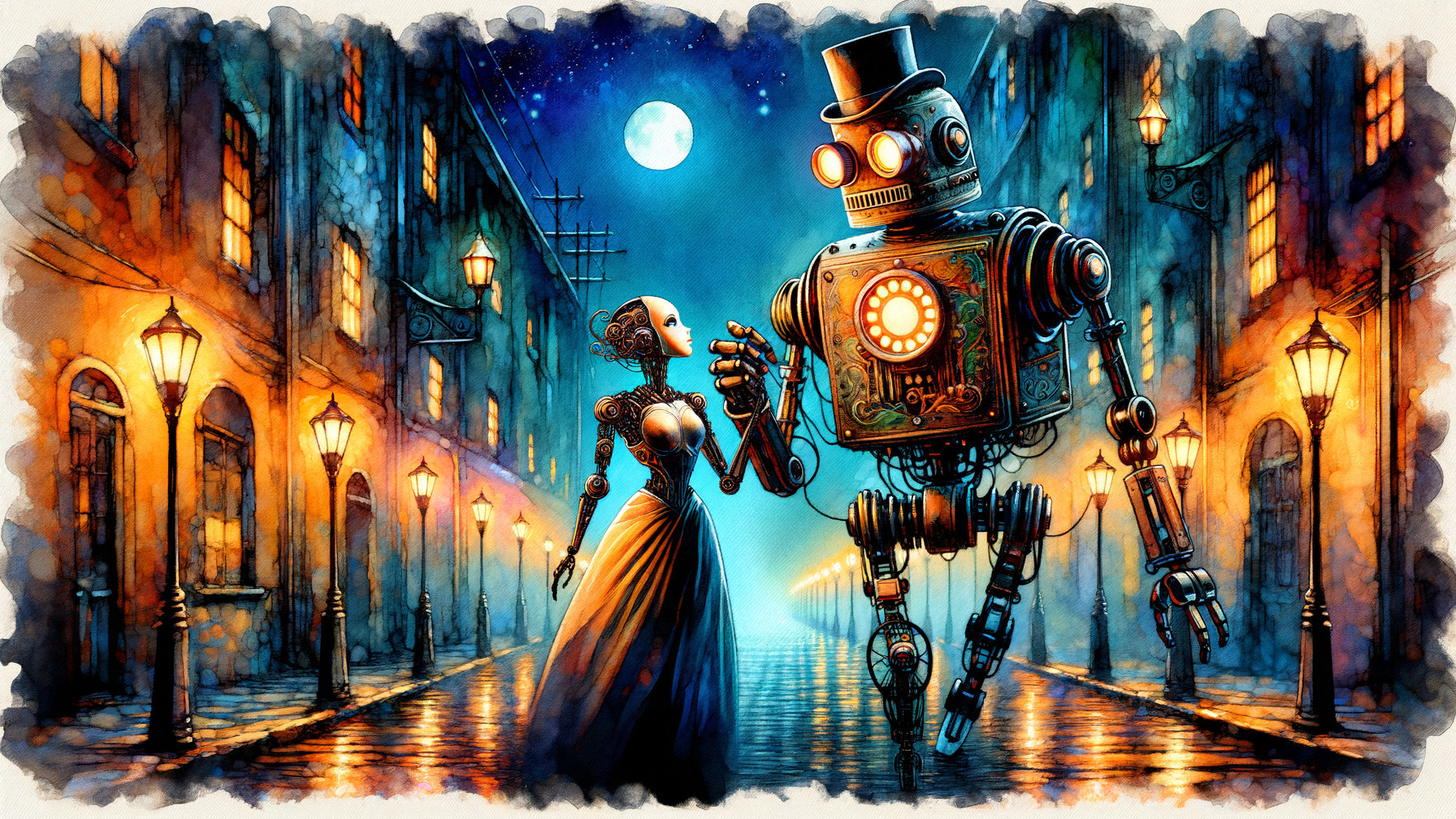 Whimsical Robot and Vintage Lady in Moonlit City