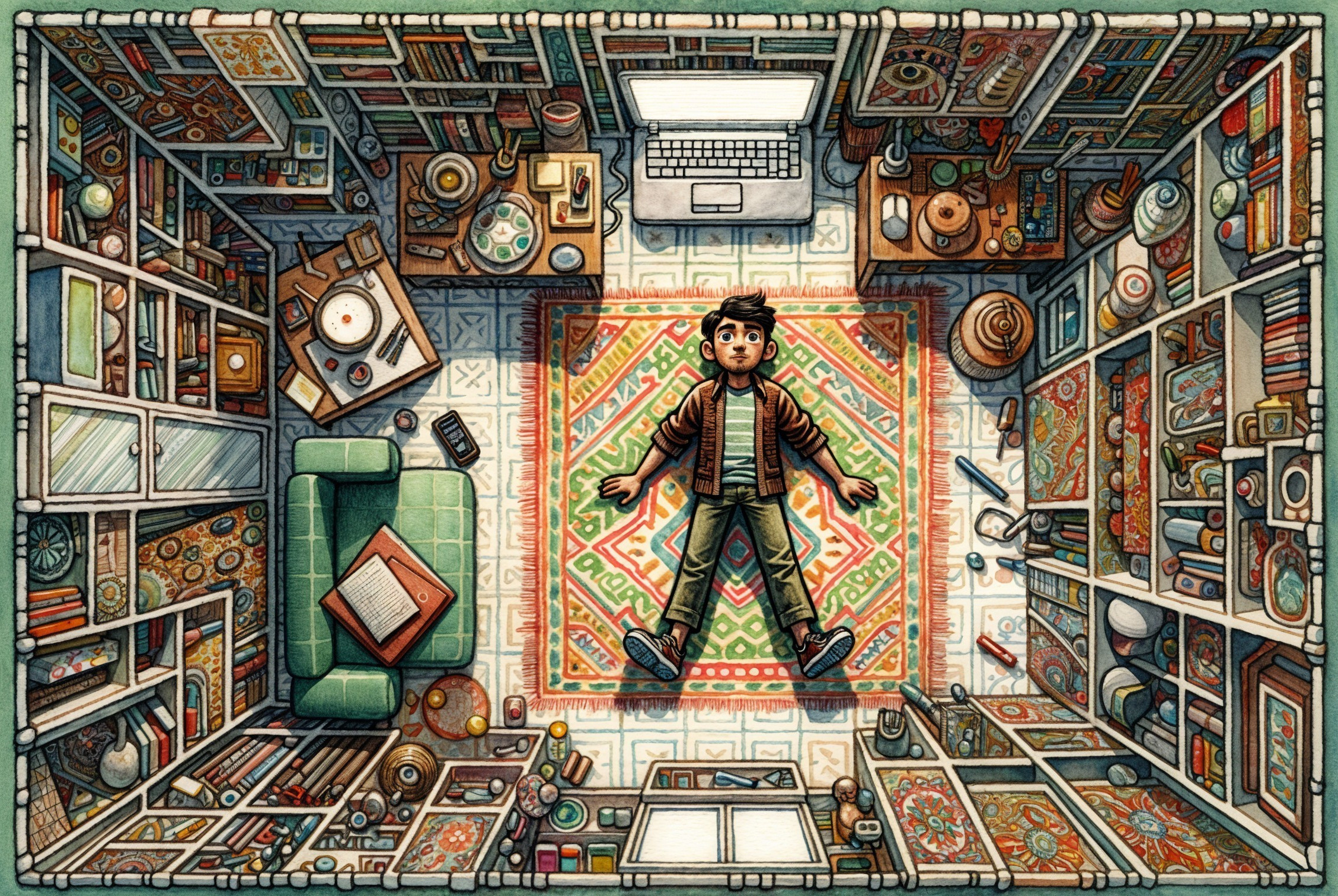 Detailed Room Layout with Boy on Colorful Rug