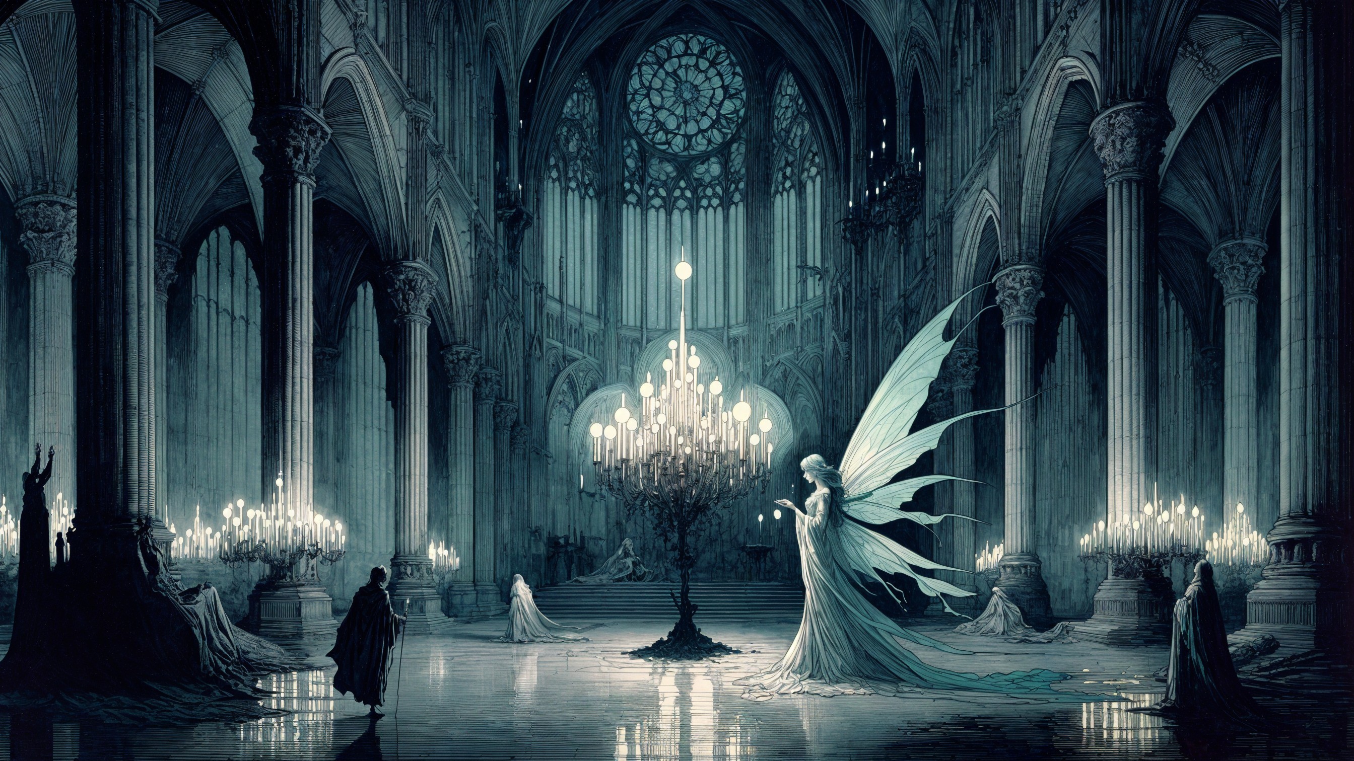 Gothic Cathedral with Ethereal Figure and Chandelier