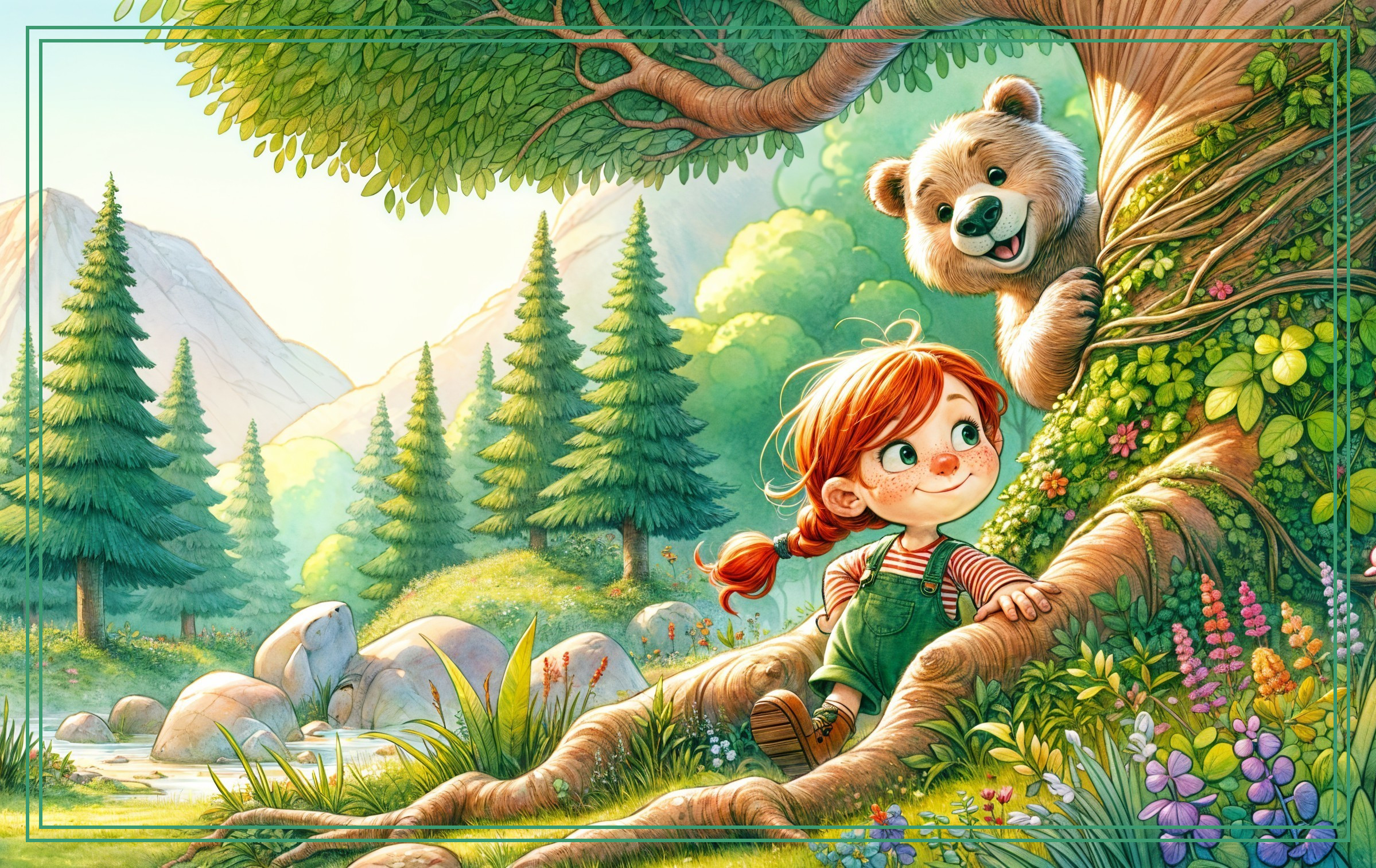 Cheerful girl with pigtails climbs tree in vibrant forest