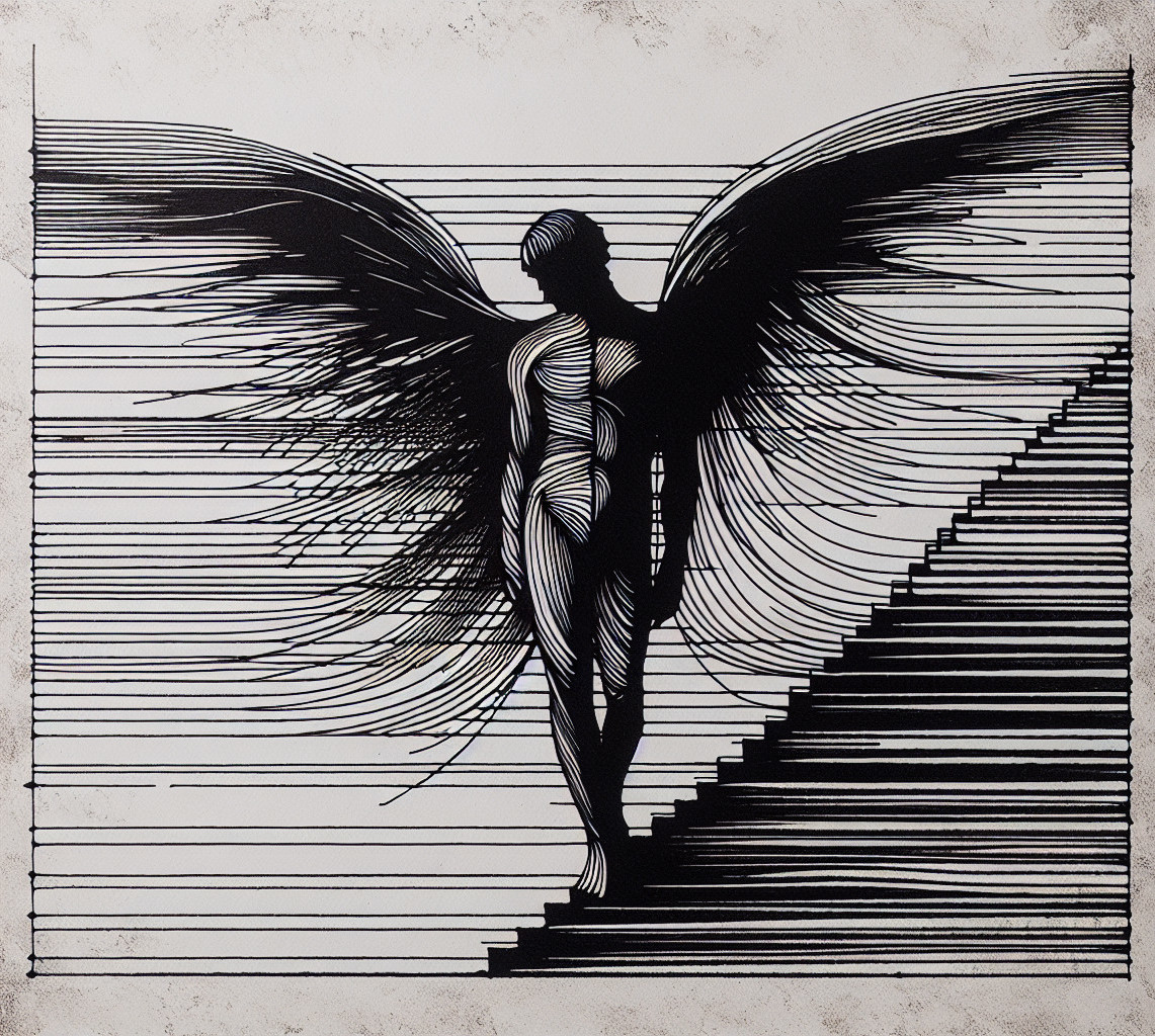 Stylized Angel Figure with Intricate Line Work Design