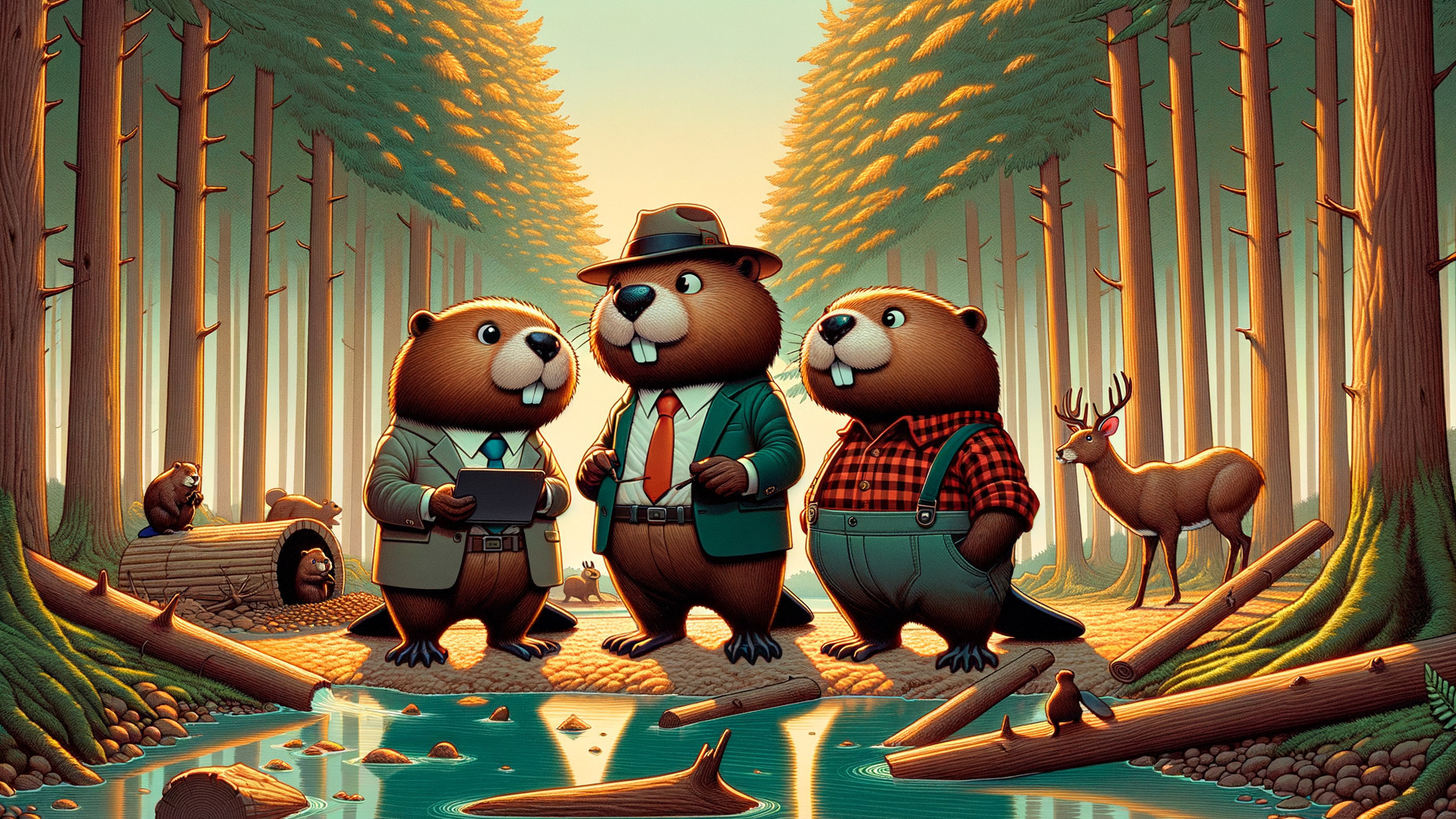 Cartoon Beavers Conversing by a Serene Stream