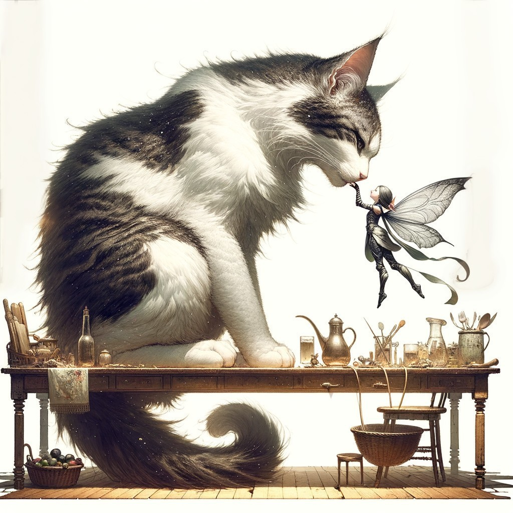 Gigantic Tabby Cat and Tiny Fairy in Whimsical Scene