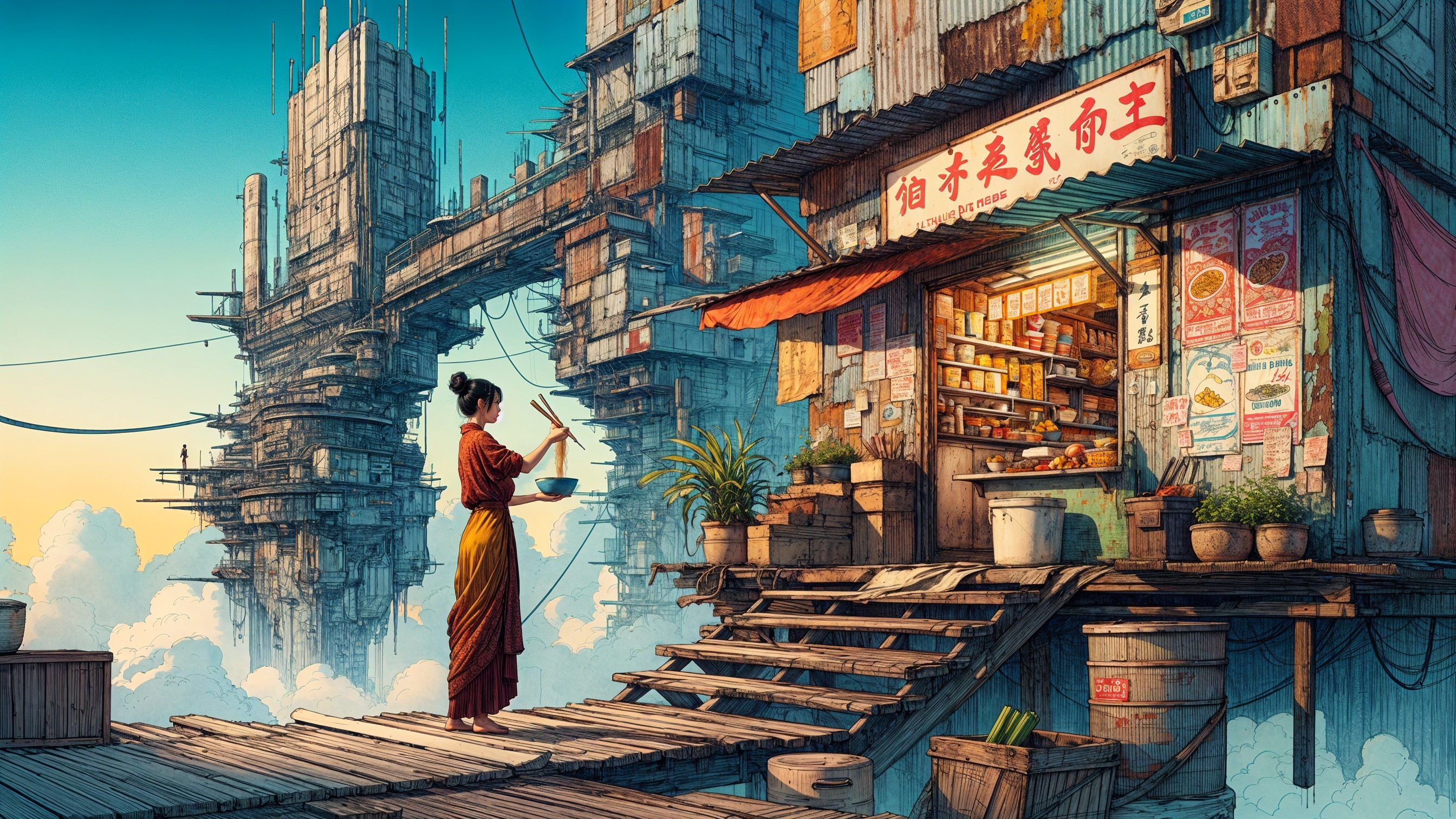 Fantastical Scene with Woman and Colorful Shop