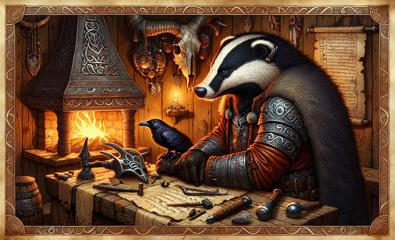 Badger in Armor Examines Tools in Cozy Workshop