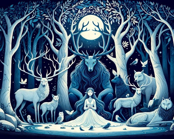 Moonlit Forest Scene with Animals and Tranquil Atmosphere