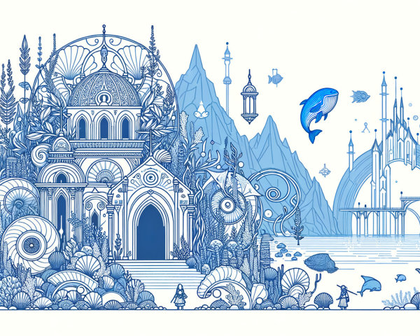 Whimsical Underwater Scene with Blue Line Art