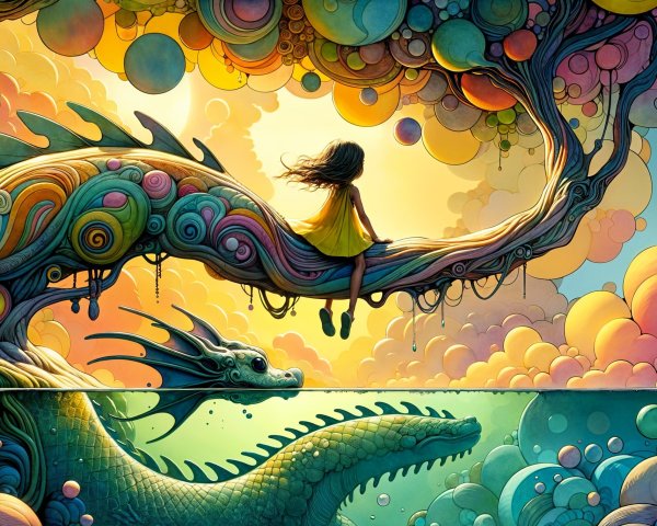 Whimsical Landscape with Girl and Majestic Dragon