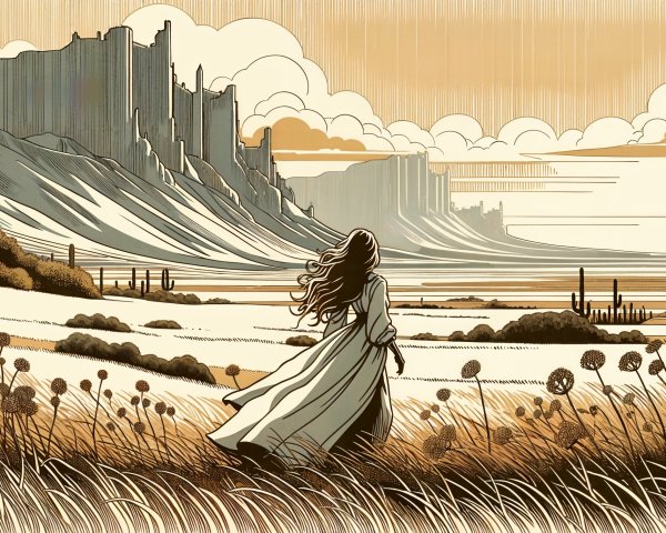 Lone Figure in White Dress Among Golden Fields