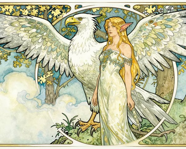 Art Nouveau Painting of Elf with Griffin in Forest