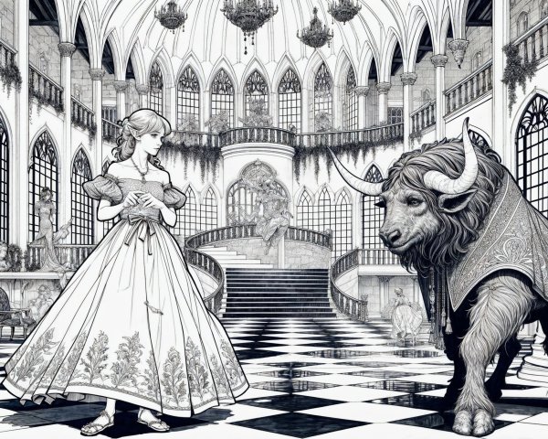 Detailed Black-and-White Illustration of Ornate Hall