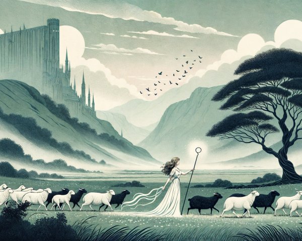 Serene Landscape with Castle and Shepherdess in Gown