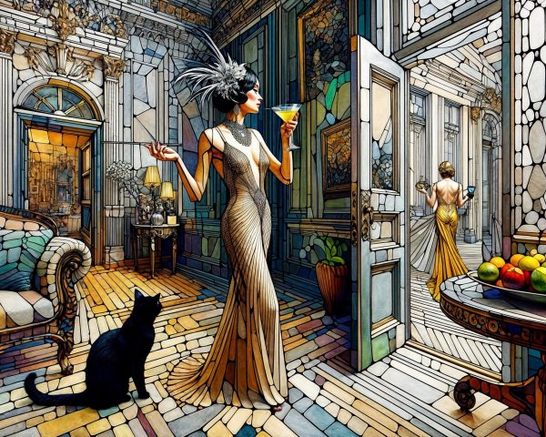 Art Deco Room with Glamorous Woman and Vintage Decor