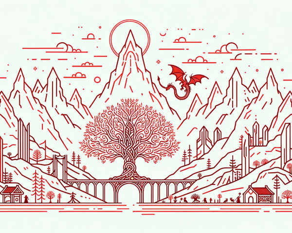 Majestic Mountain Range with Dragon and Enchanting Tree