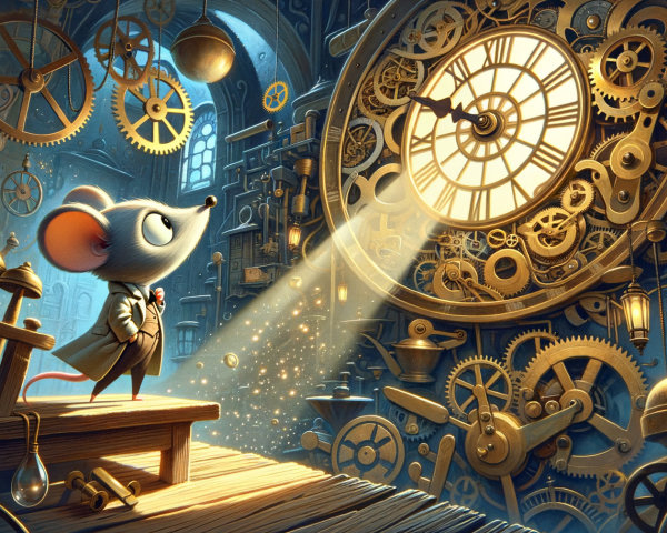 Whimsical Mouse in Steampunk Clock Tower Setting