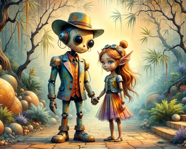 Charming Robot and Girl in Whimsical Forest Scene