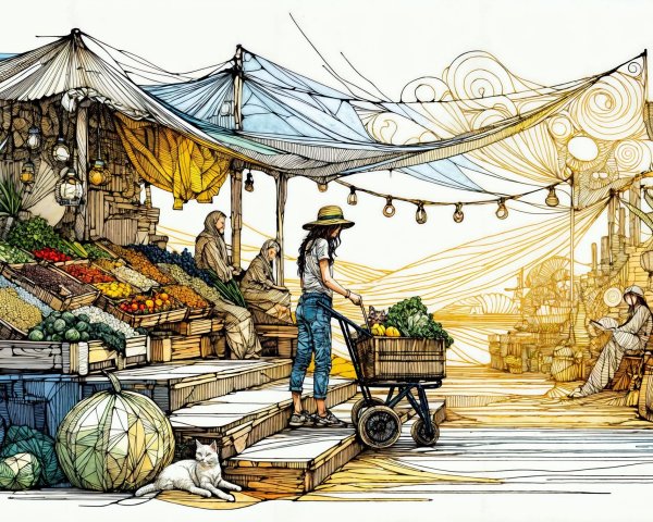 Vibrant Market Scene with Fruits, Vegetables, and Lanterns