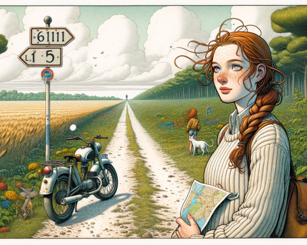 Young girl with a map beside vintage motorcycle in nature